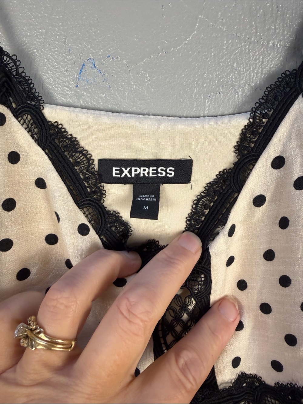 Express Cream Polka Dot Dress with Black Lace - Picture 2 of 8